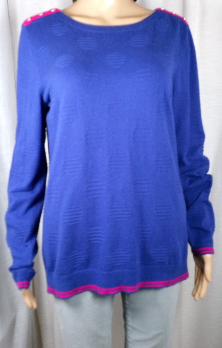 Blue Knit Sweater Tunic Boat Neck Buttoned Epaulet Geometric Preppy Classic M
